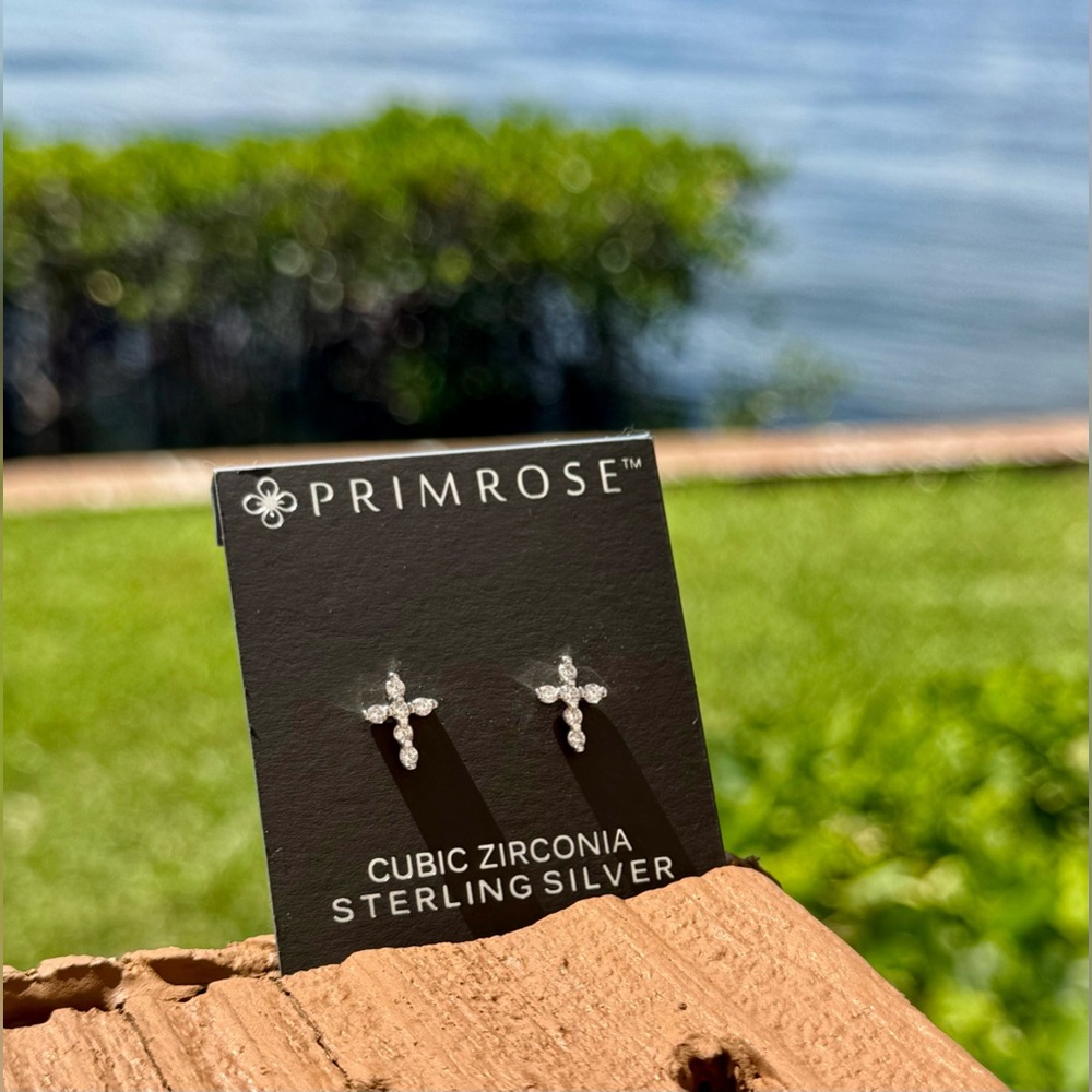 Primrose 925 Sterling Silver/Cubic Zirconia Cross Stud Earrings Faith Religious